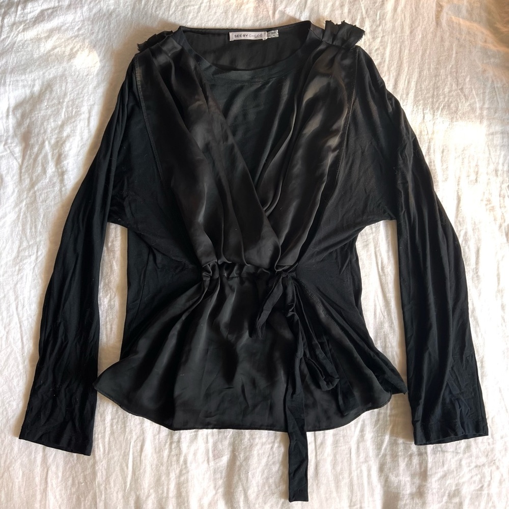 See by Chloé Black Draped Tie-Front Long Sleeve Blouse Top - Size 4